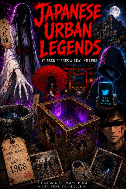 Japanese Urban Legends: The Midnight Compendium — cover of digital book on Japanese ghost stories, cursed places, and true crime by Anti Yūrei Yōkai Club
